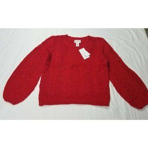 For The Republic Sz. M Red Bubble Sleeve Crochet Sweater W/ Ribbed Bottom NWT